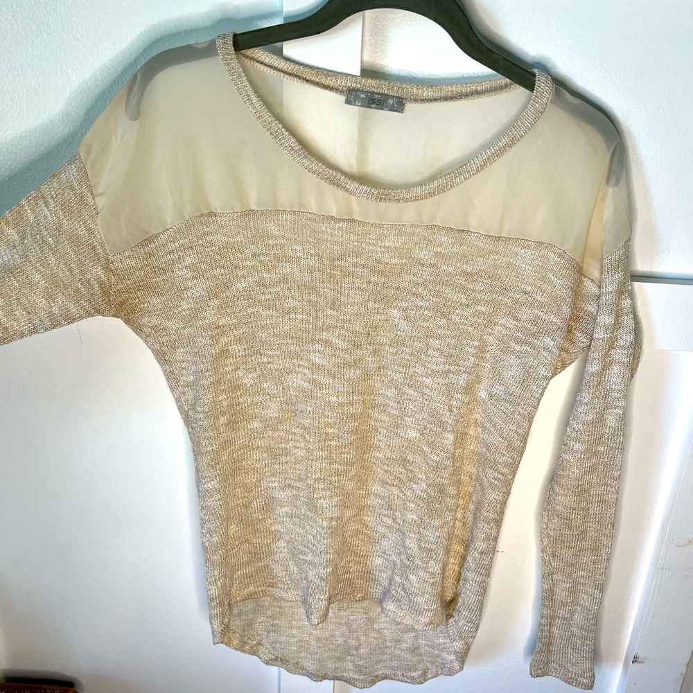 ISSI Long sleeve sheer shoulder cream beige women small gold sparkle threading